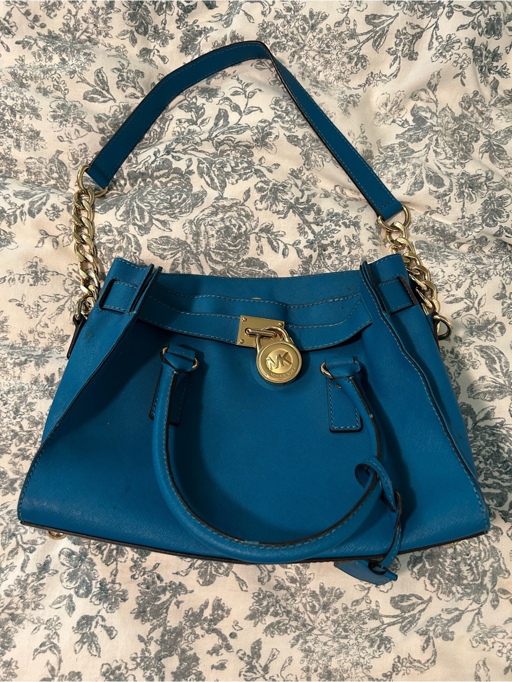 Michael Kors Blue Saffiano Leather Satchel with Gold-Tone Hardware